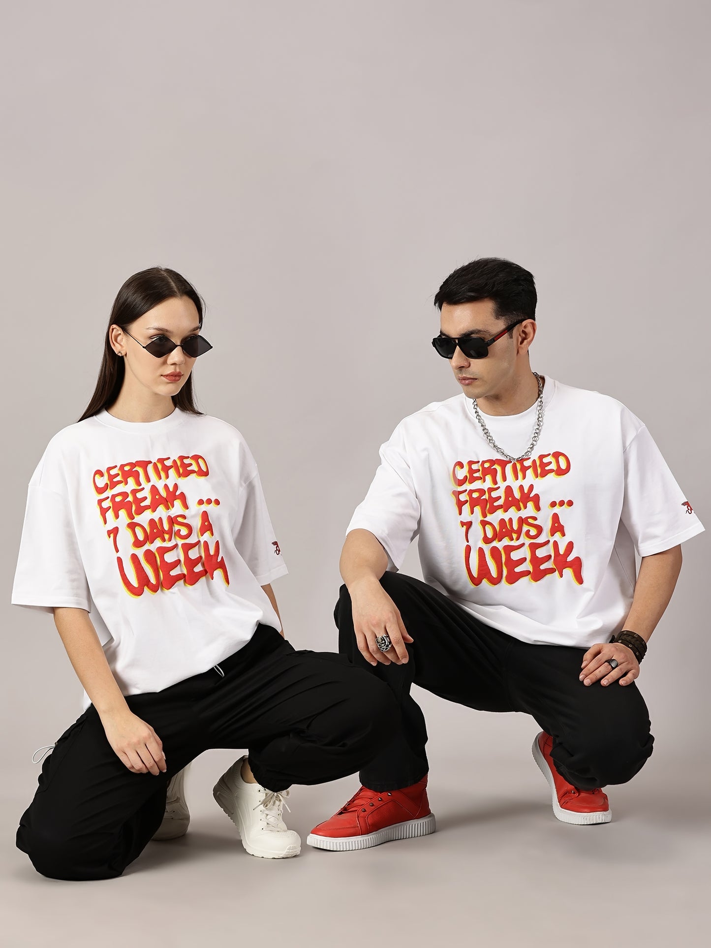 FB Certified Freak 3D Puff Print Oversized White T Shirt
