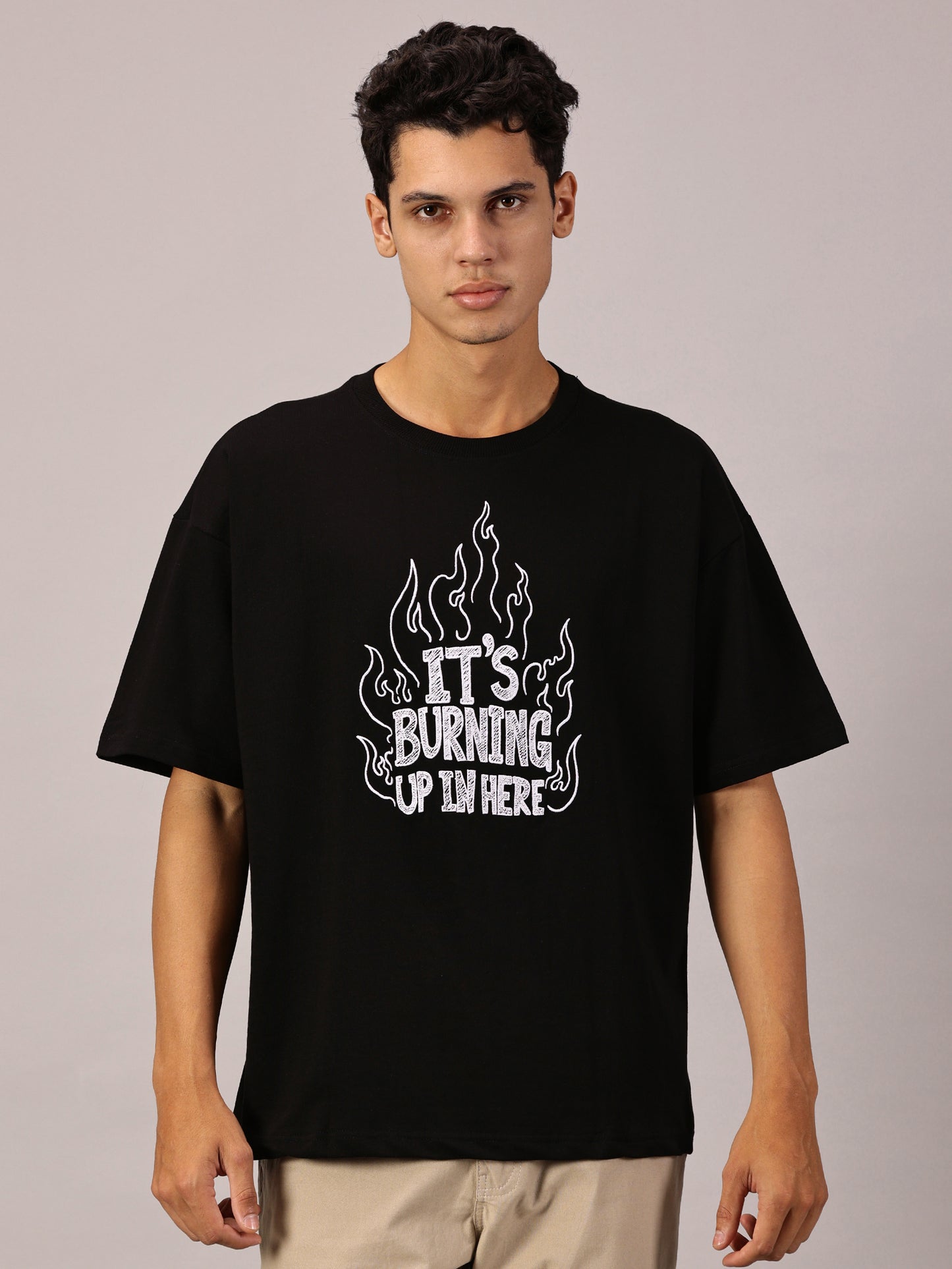FB It's Burning Up In Here Embroidered Oversized Black T Shirt