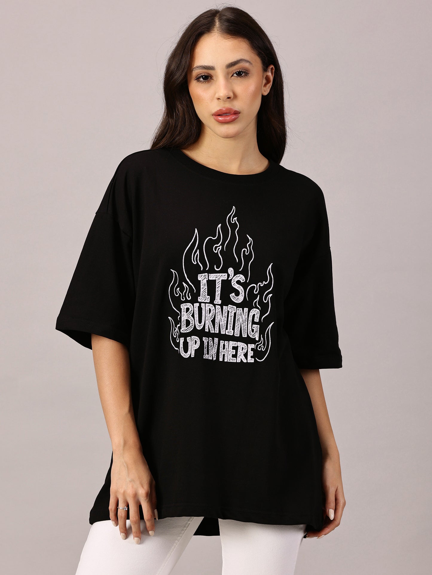 FB It's Burning Up In Here Embroidered Oversized Black T Shirt
