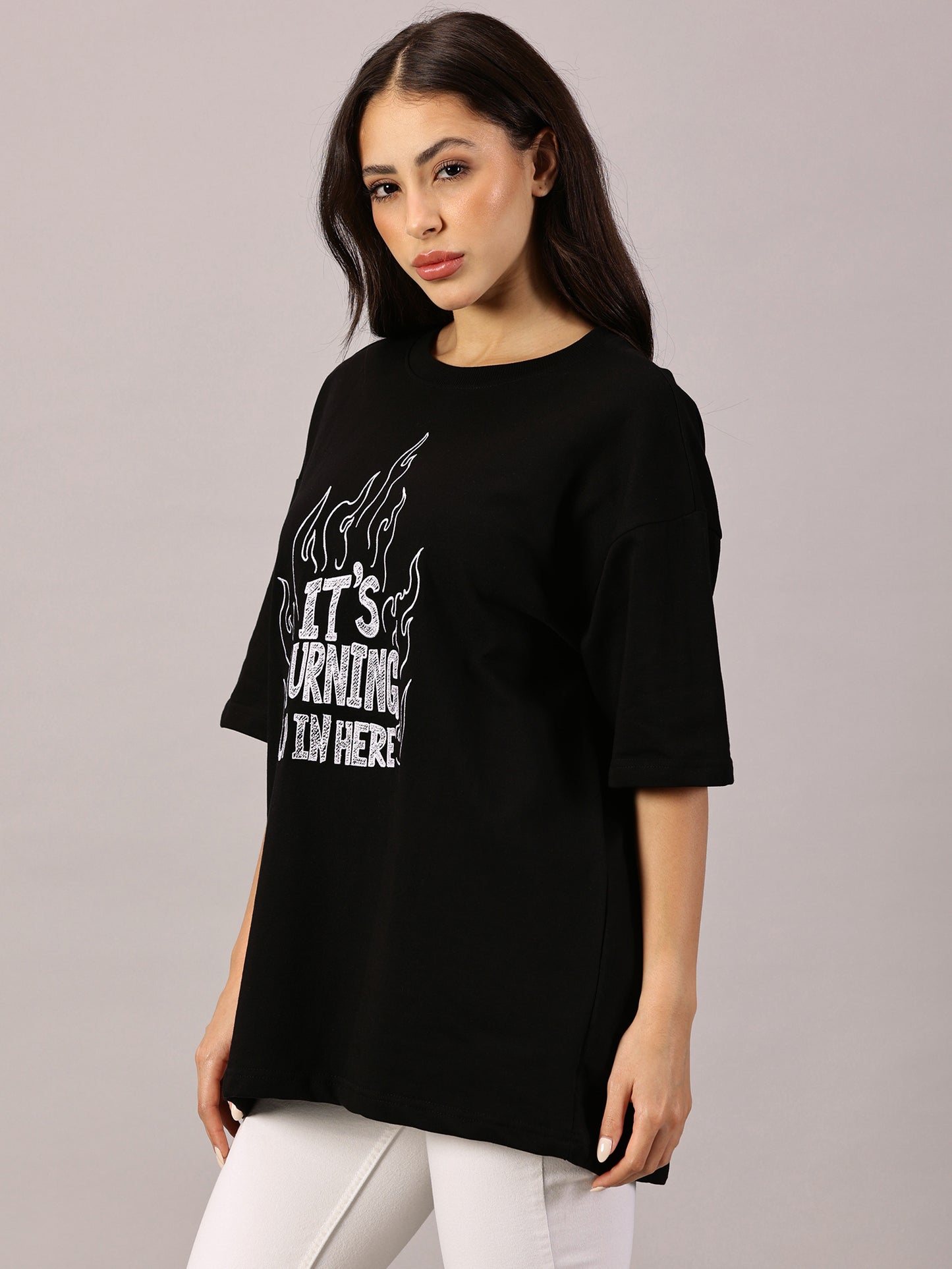 FB It's Burning Up In Here Embroidered Oversized Black T Shirt