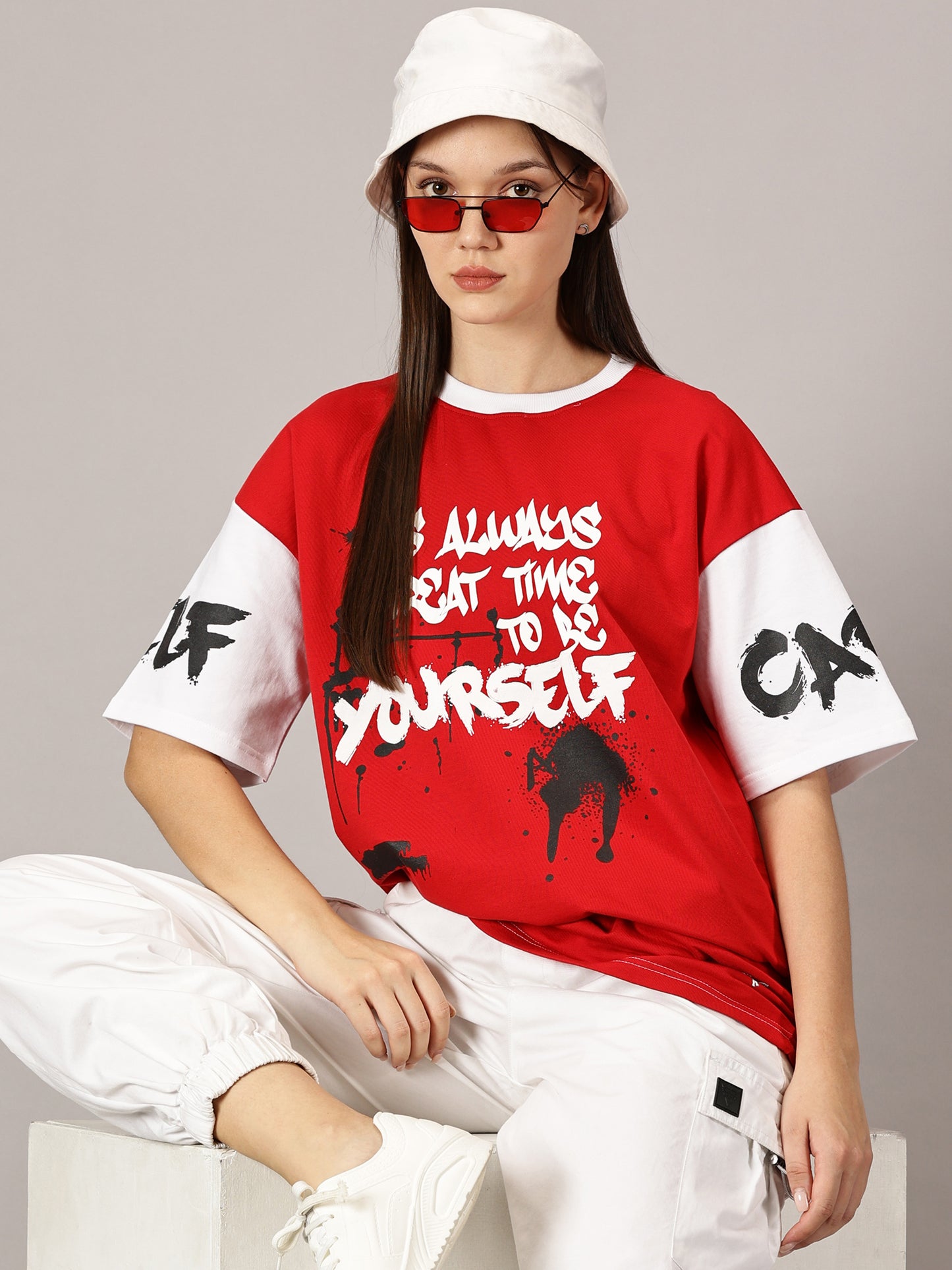 FB It's Always Great Time To Be Yourself 3D Puff Print Oversized Red T Shirt