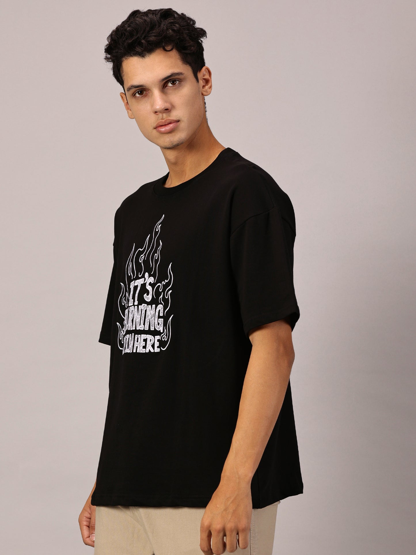 FB It's Burning Up In Here Embroidered Oversized Black T Shirt
