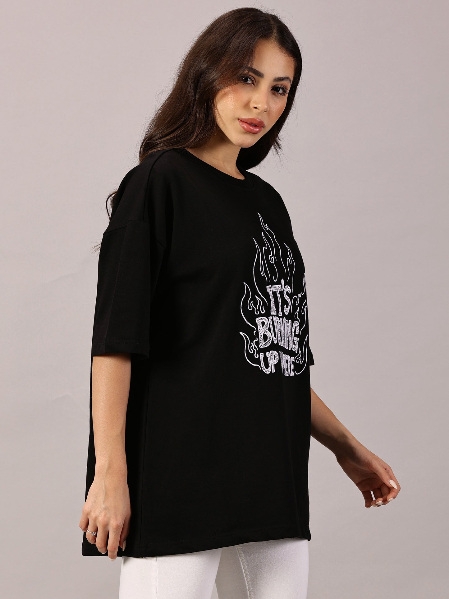 FB It's Burning Up In Here Embroidered Oversized Black T Shirt