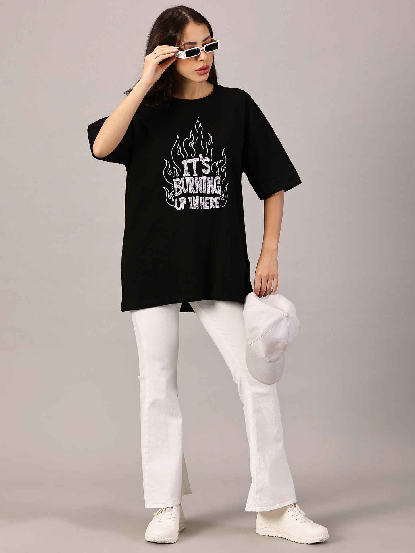 FB It's Burning Up In Here Embroidered Oversized Black T Shirt