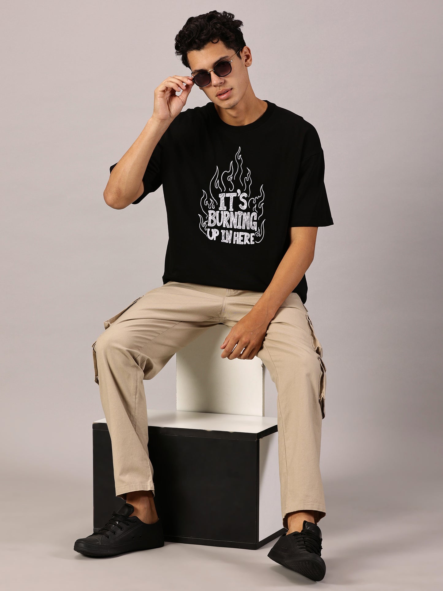 FB It's Burning Up In Here Embroidered Oversized Black T Shirt
