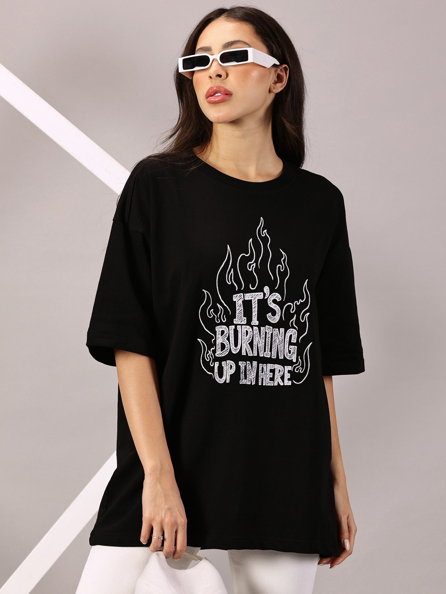 FB It's Burning Up In Here Embroidered Oversized Black T Shirt