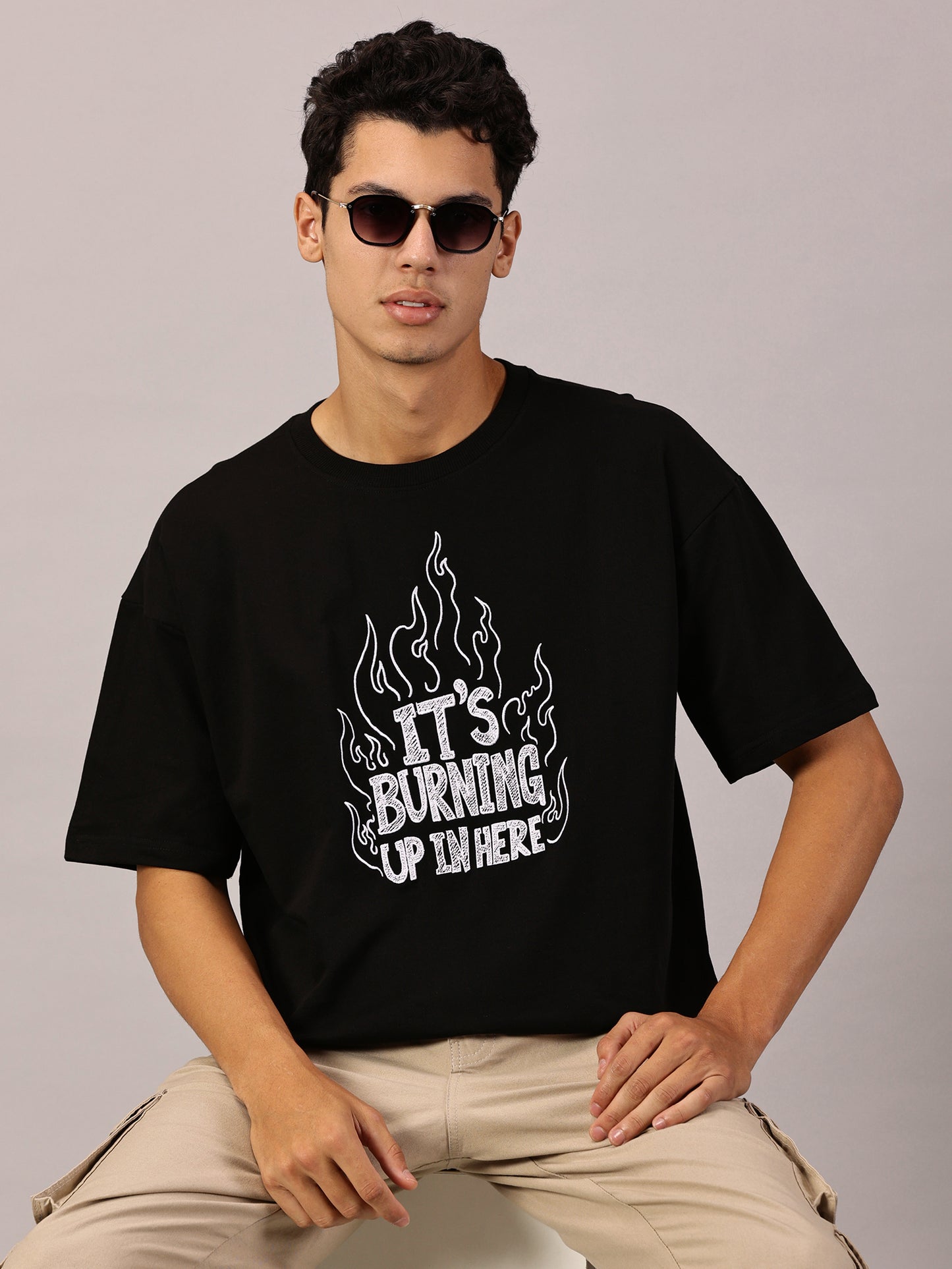 FB It's Burning Up In Here Embroidered Oversized Black T Shirt