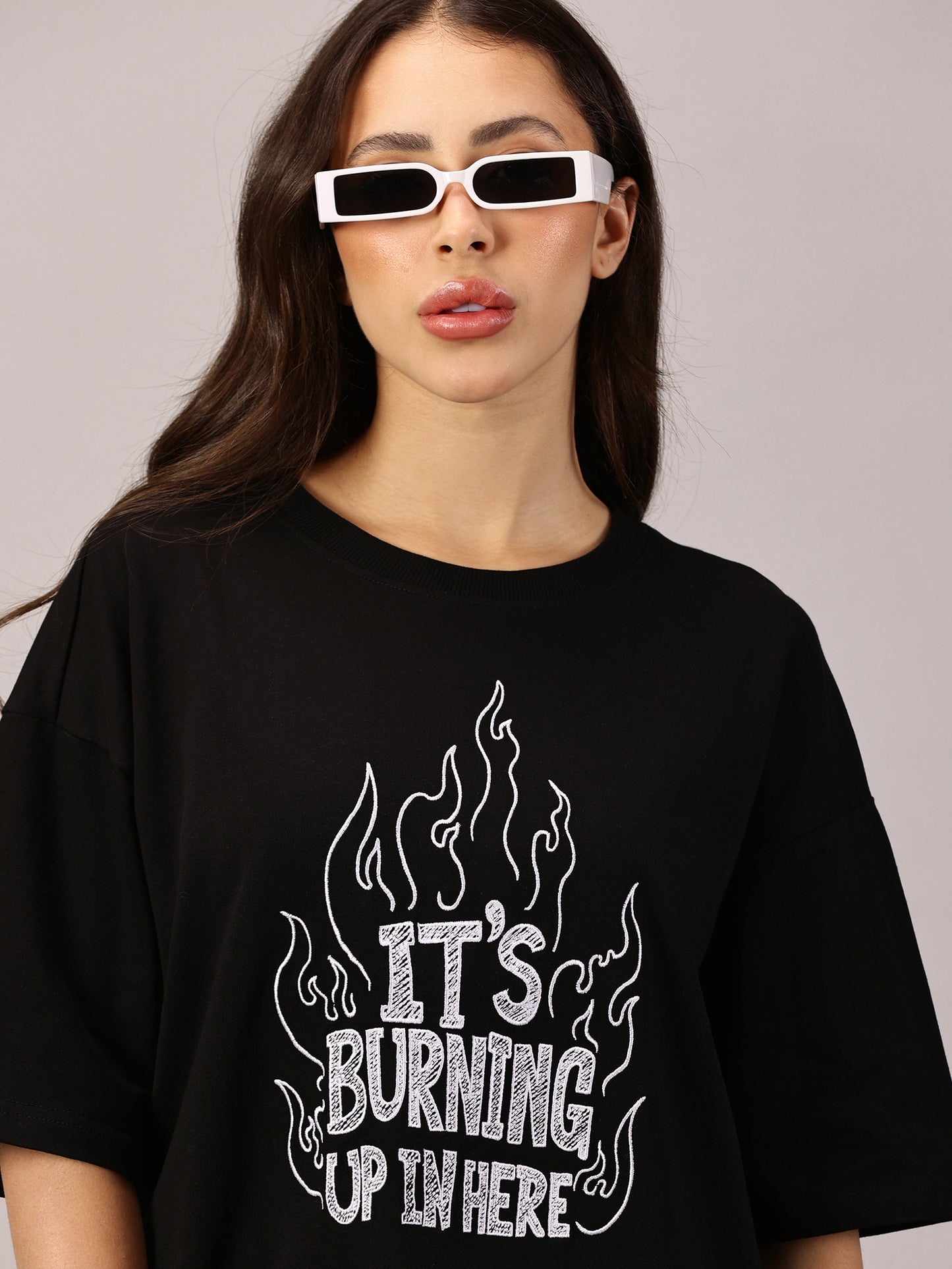 FB It's Burning Up In Here Embroidered Oversized Black T Shirt