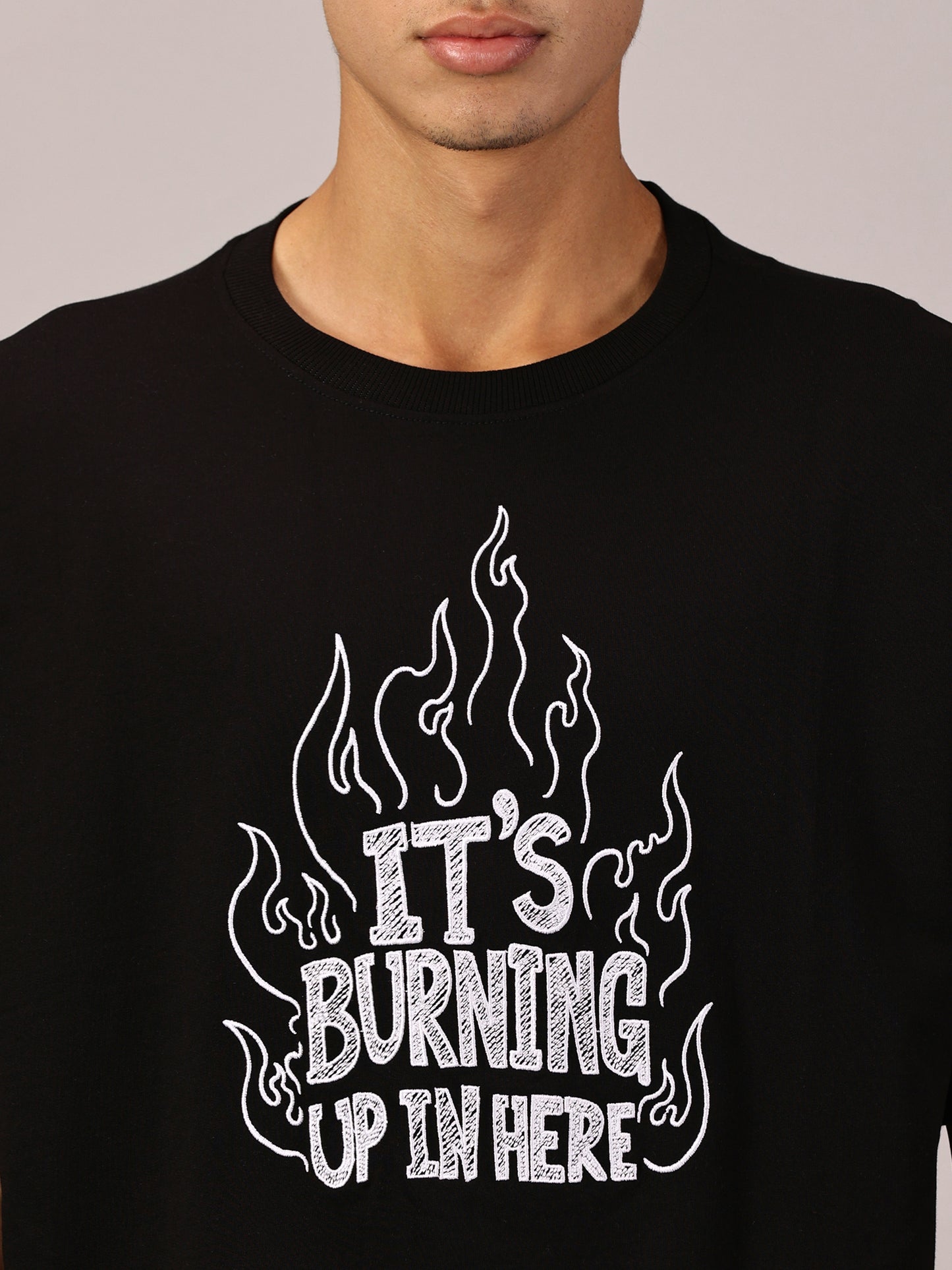 FB It's Burning Up In Here Embroidered Oversized Black T Shirt