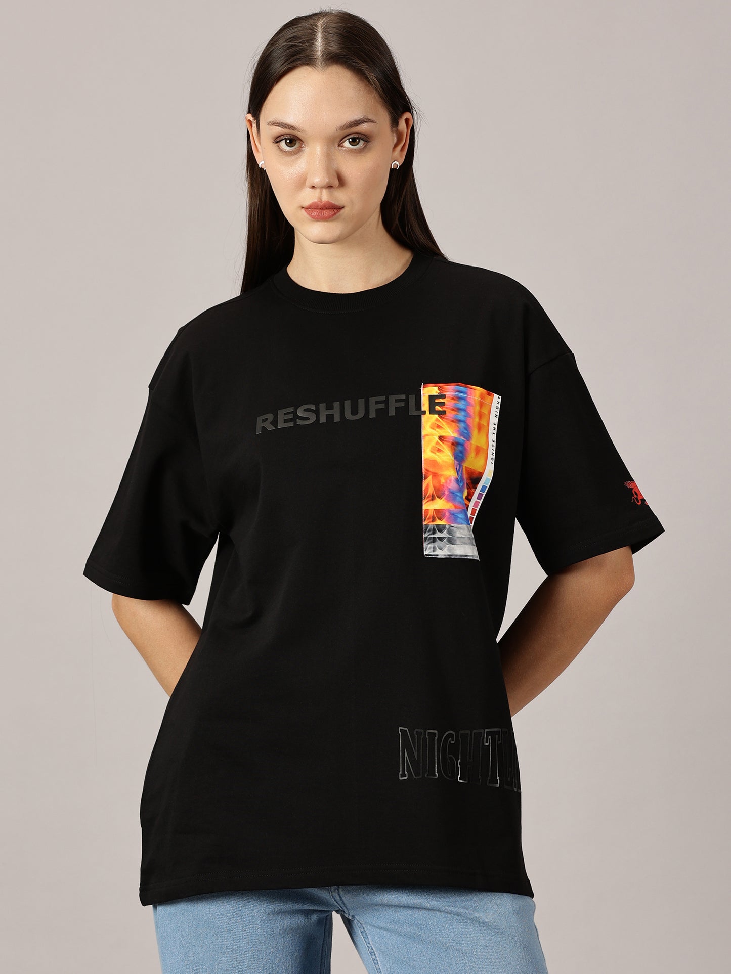 FB Reshuffle Night Life Oversized Black T Shirt