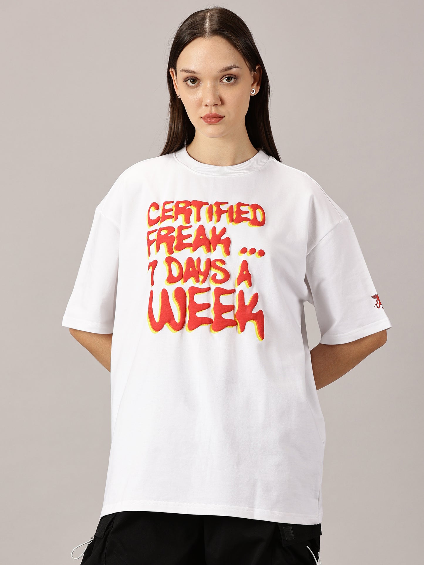 FB Certified Freak 3D Puff Print Oversized White T Shirt