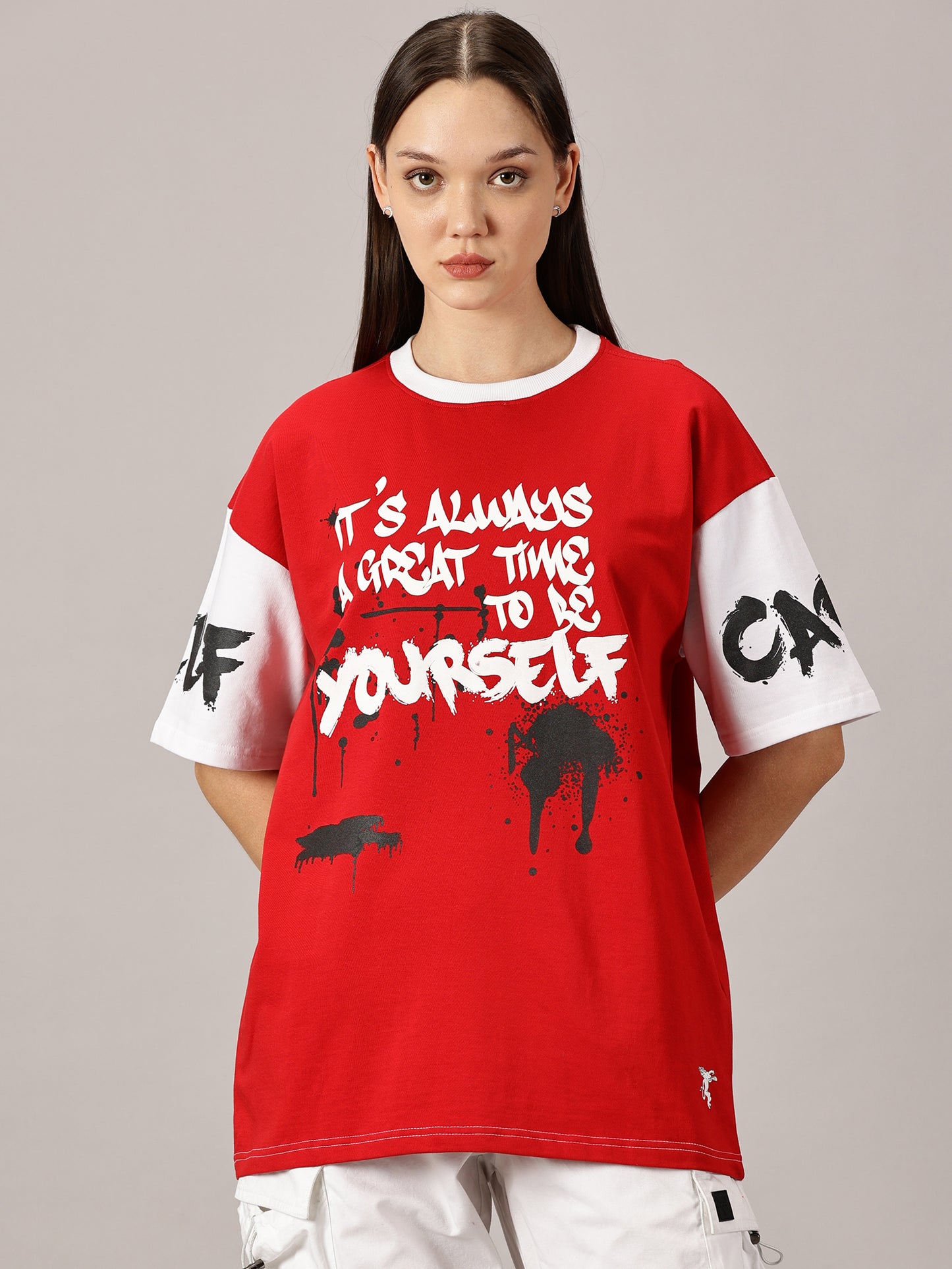 FB It's Always Great Time To Be Yourself 3D Puff Print Oversized Red T Shirt