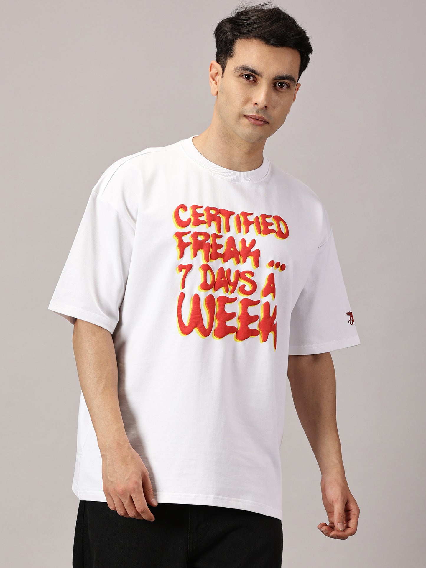 FB Certified Freak 3D Puff Print Oversized White T Shirt