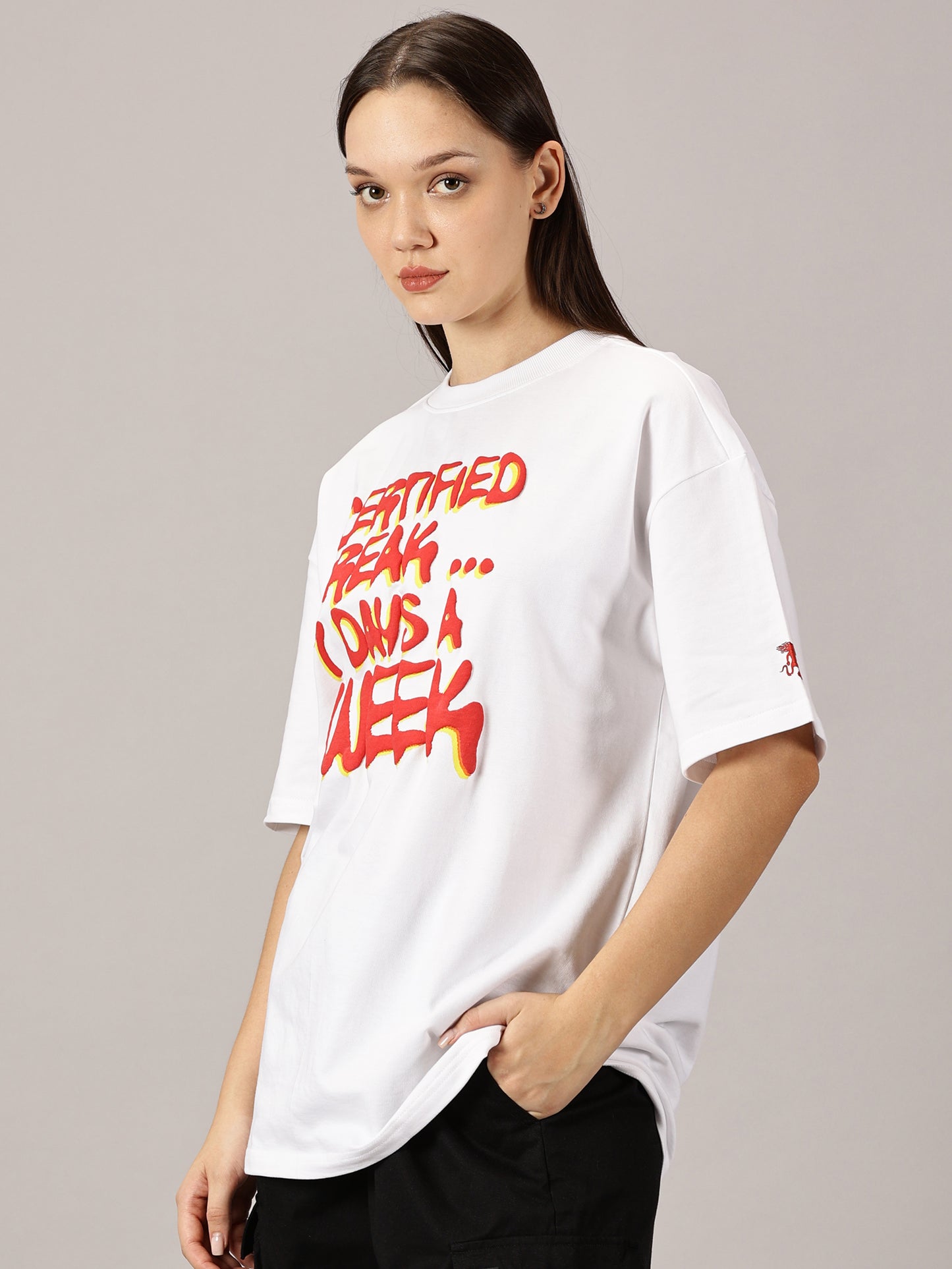 FB Certified Freak 3D Puff Print Oversized White T Shirt