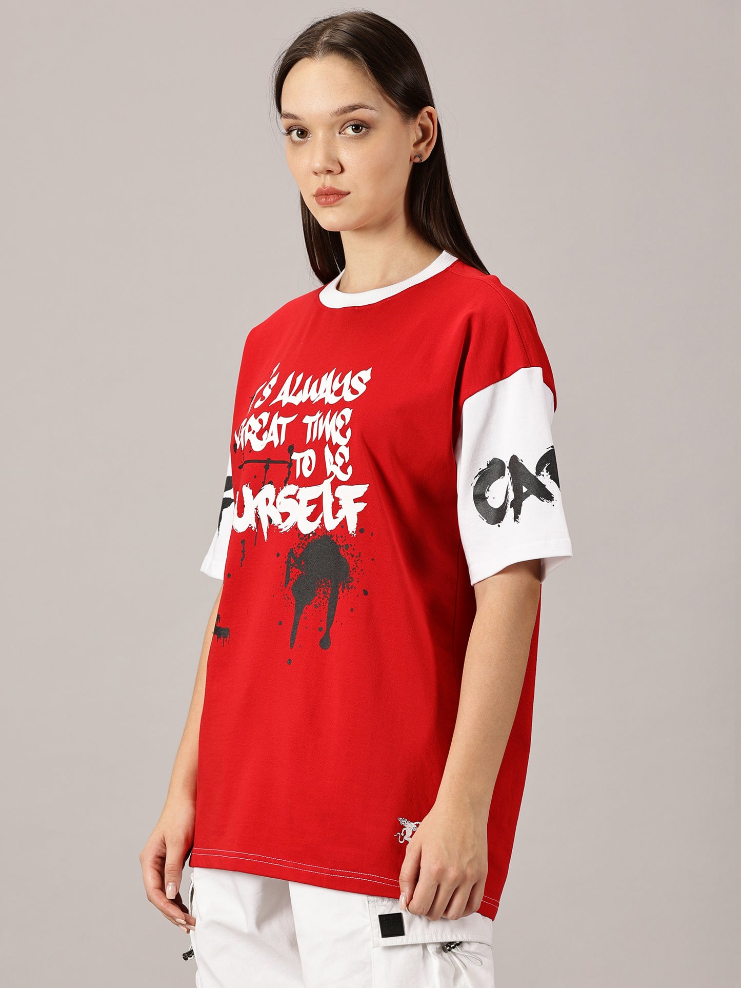 FB It's Always Great Time To Be Yourself 3D Puff Print Oversized Red T Shirt