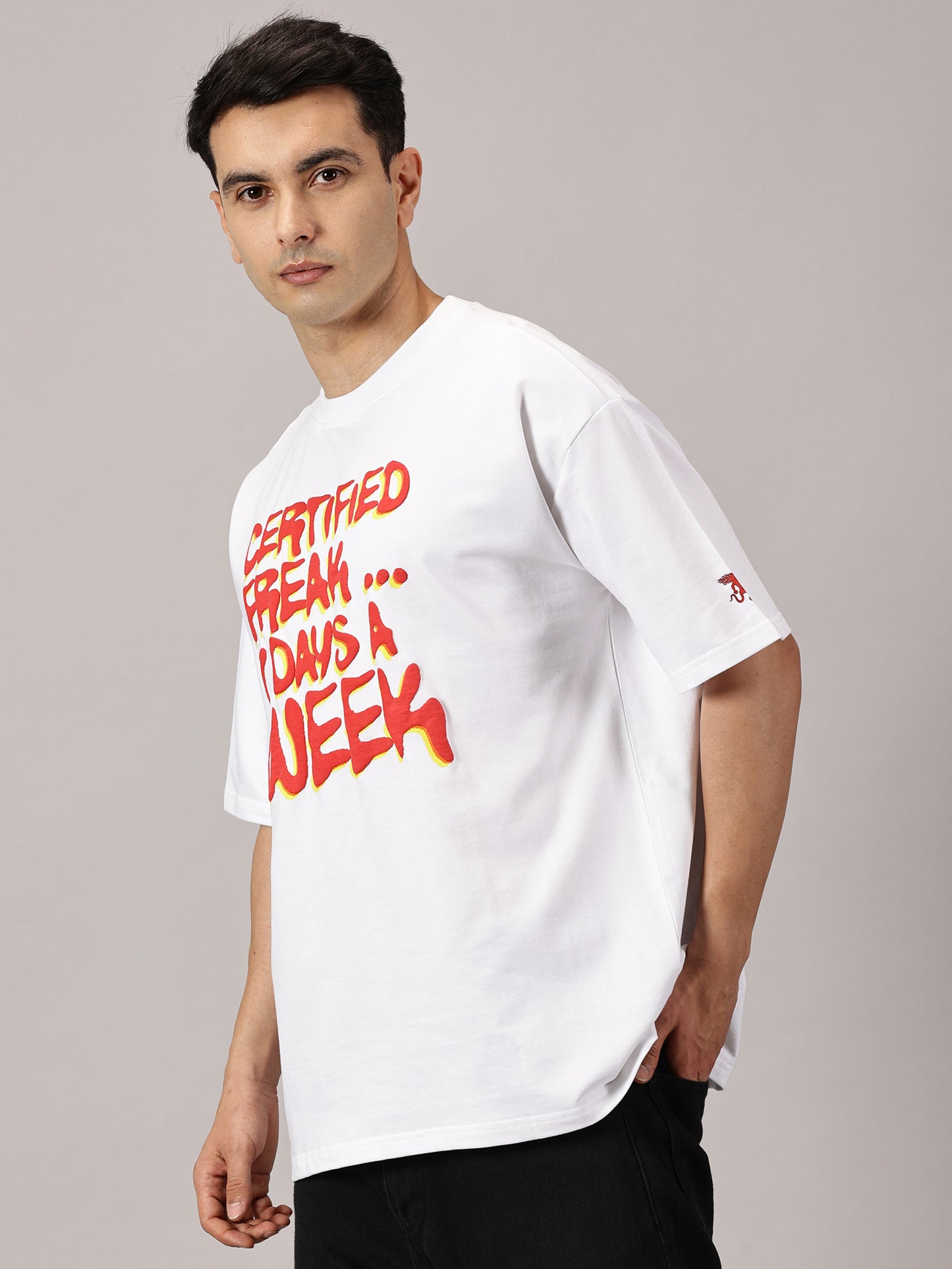FB Certified Freak 3D Puff Print Oversized White T Shirt