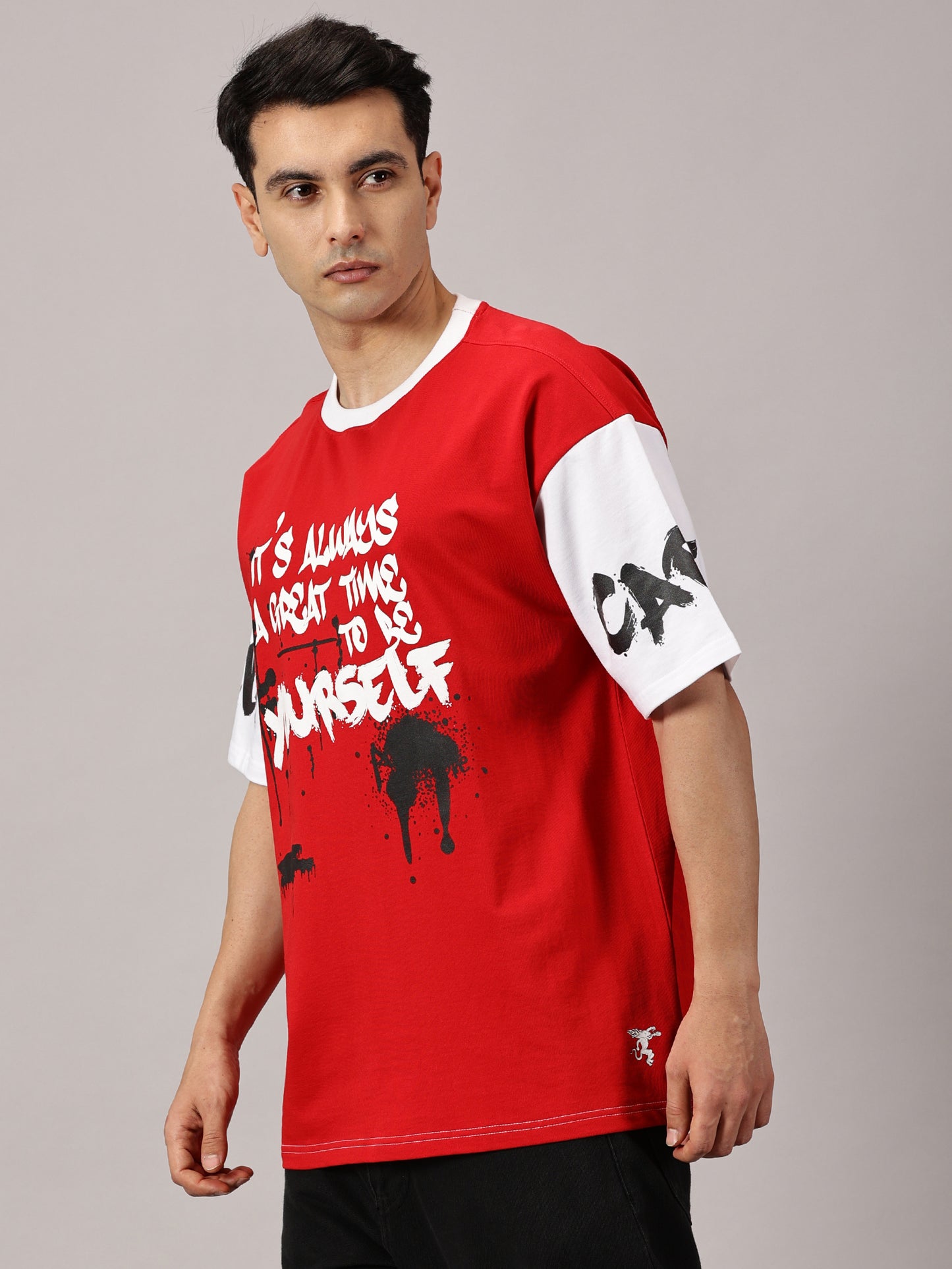 FB It's Always Great Time To Be Yourself 3D Puff Print Oversized Red T Shirt