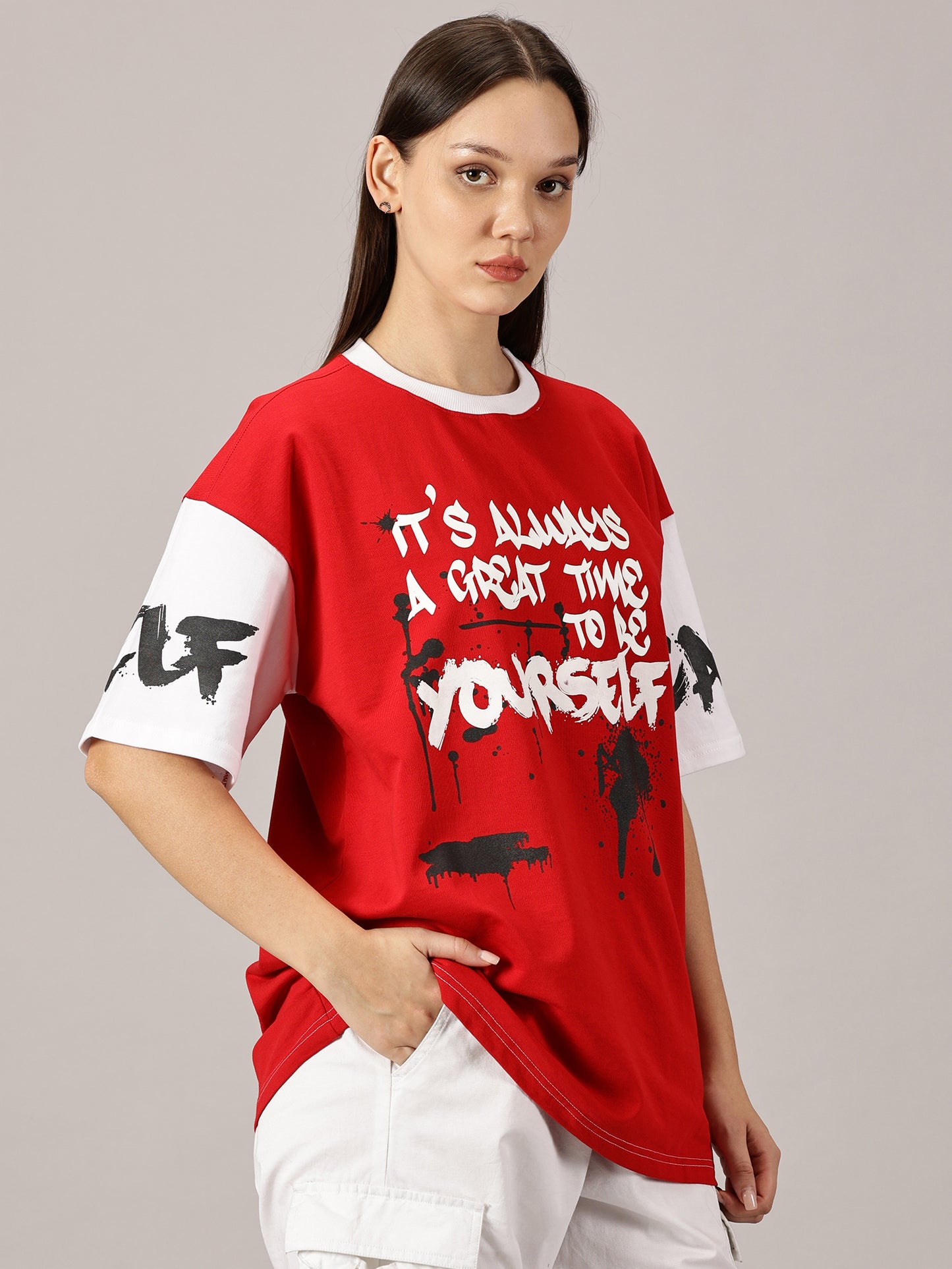 FB It's Always Great Time To Be Yourself 3D Puff Print Oversized Red T Shirt