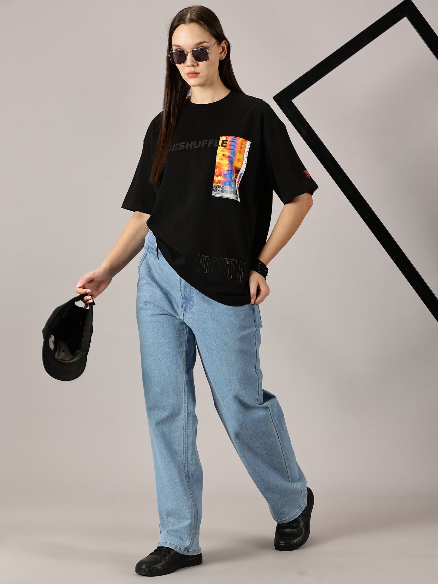 FB Reshuffle Night Life Oversized Black T Shirt