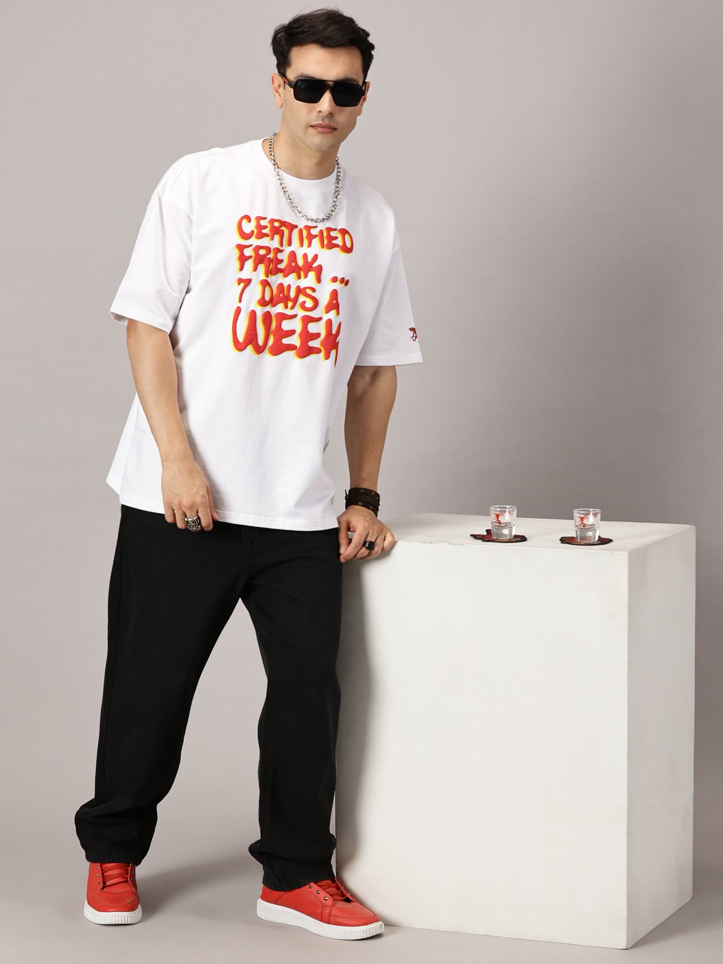 FB Certified Freak 3D Puff Print Oversized White T Shirt