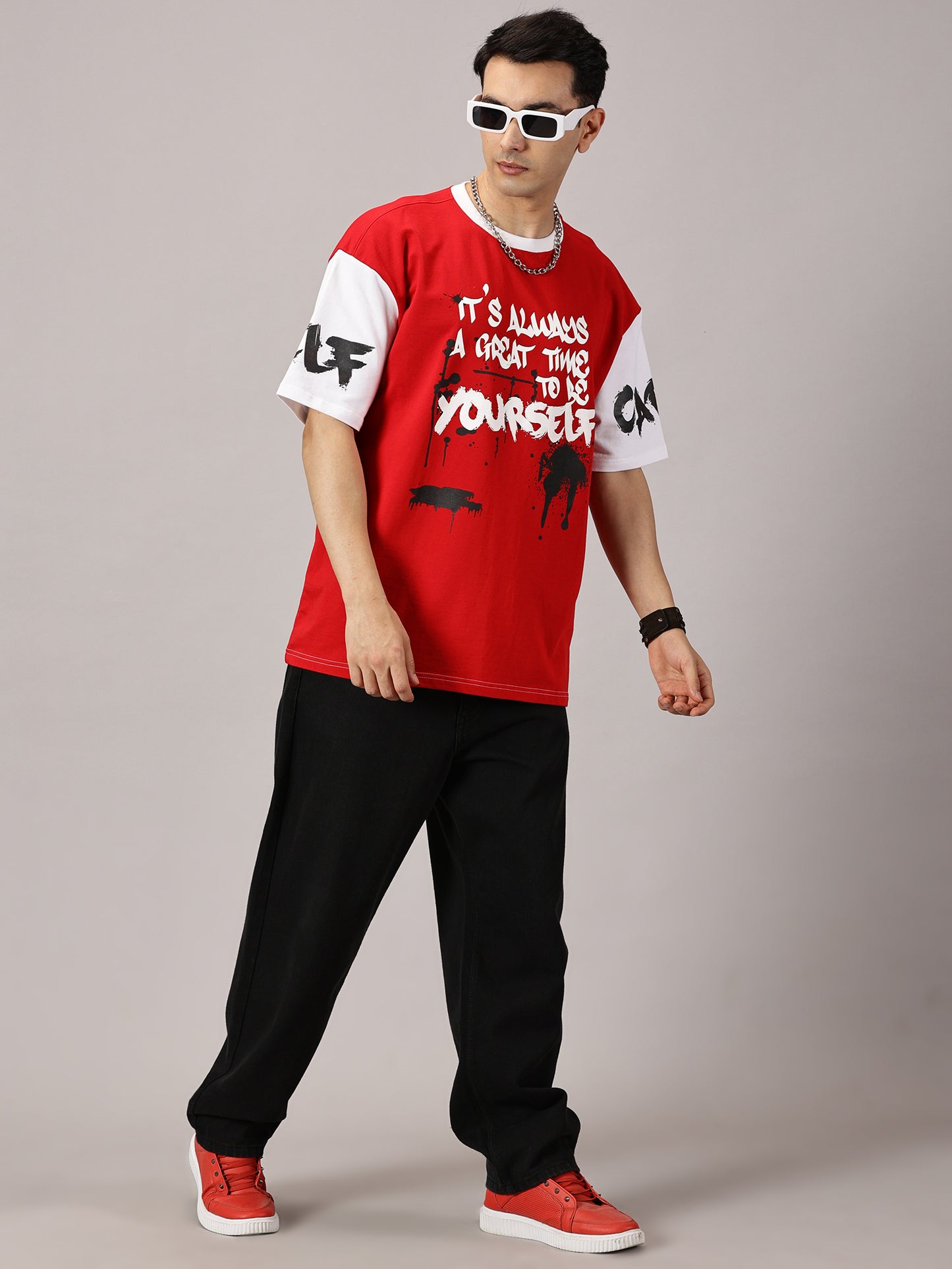 FB It's Always Great Time To Be Yourself 3D Puff Print Oversized Red T Shirt