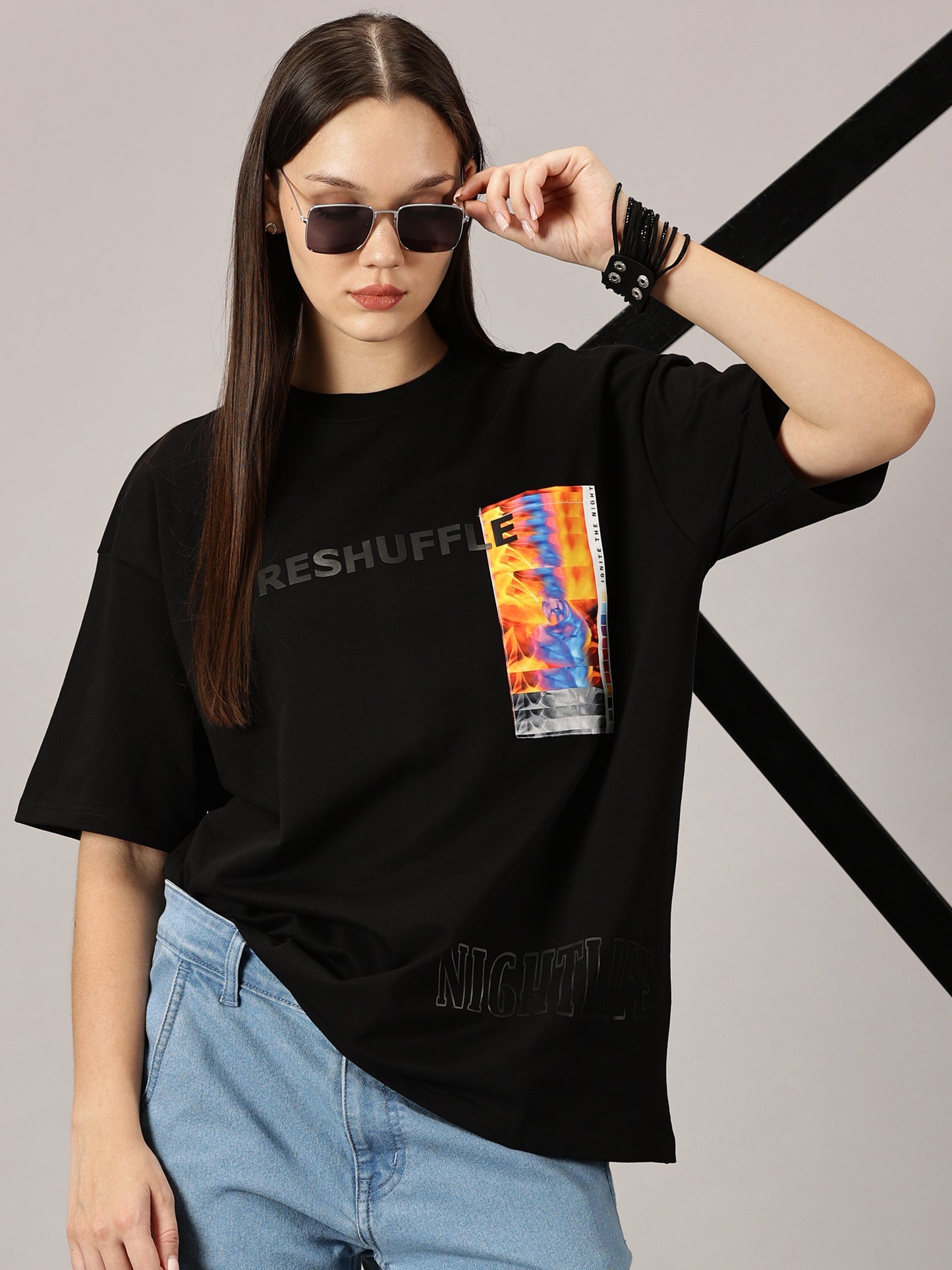 FB Reshuffle Night Life Oversized Black T Shirt