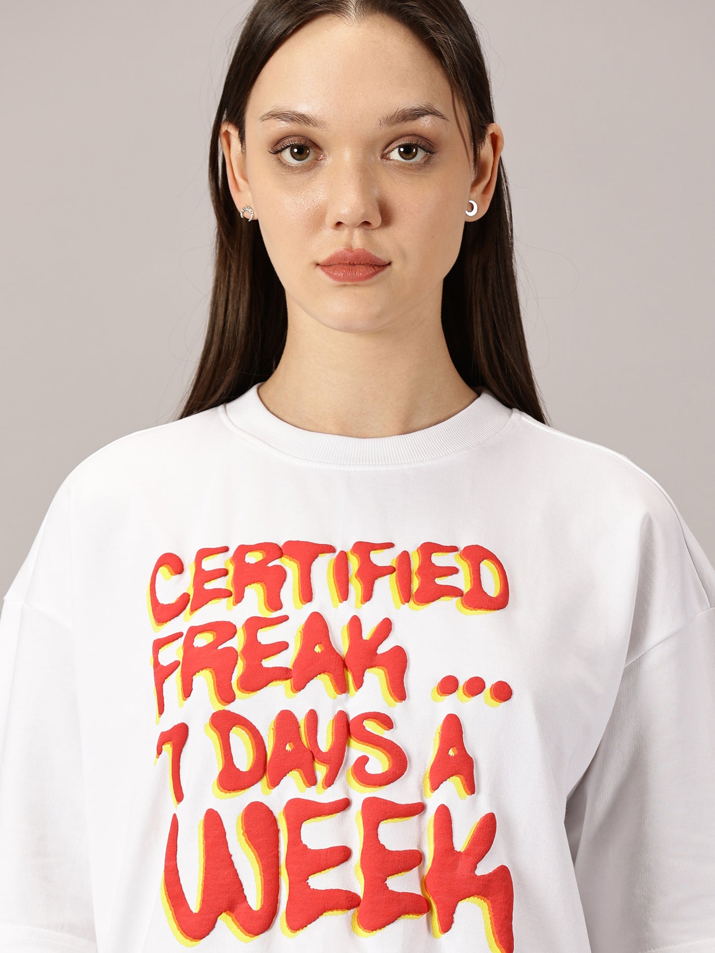 FB Certified Freak 3D Puff Print Oversized White T Shirt
