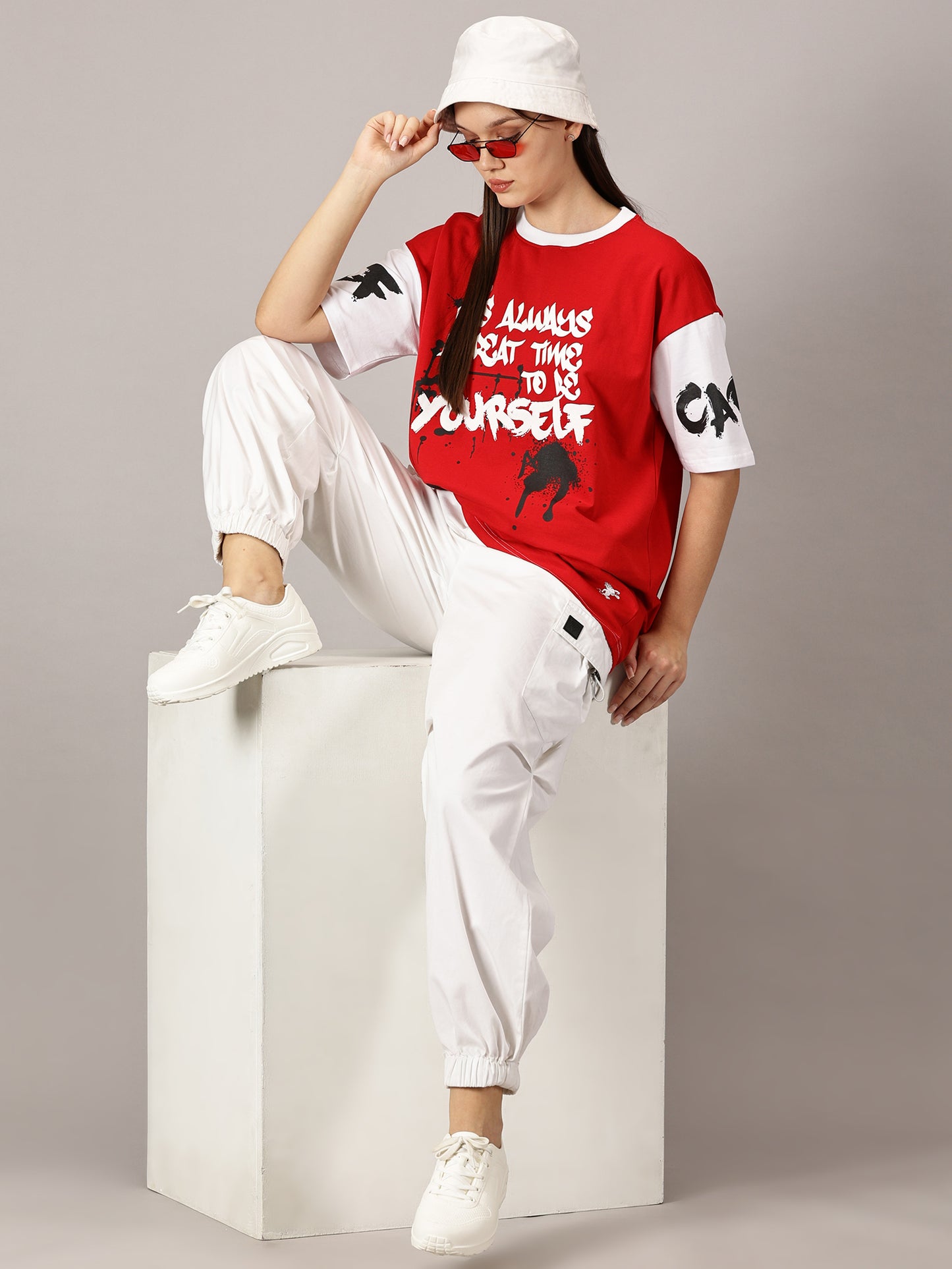 FB It's Always Great Time To Be Yourself 3D Puff Print Oversized Red T Shirt