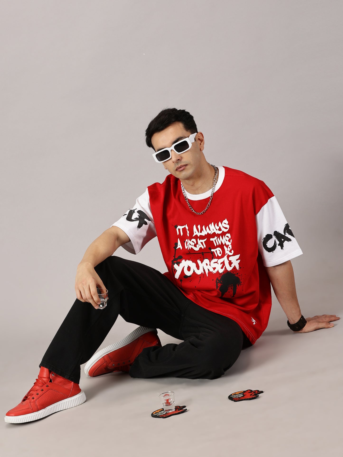 FB It's Always Great Time To Be Yourself 3D Puff Print Oversized Red T Shirt