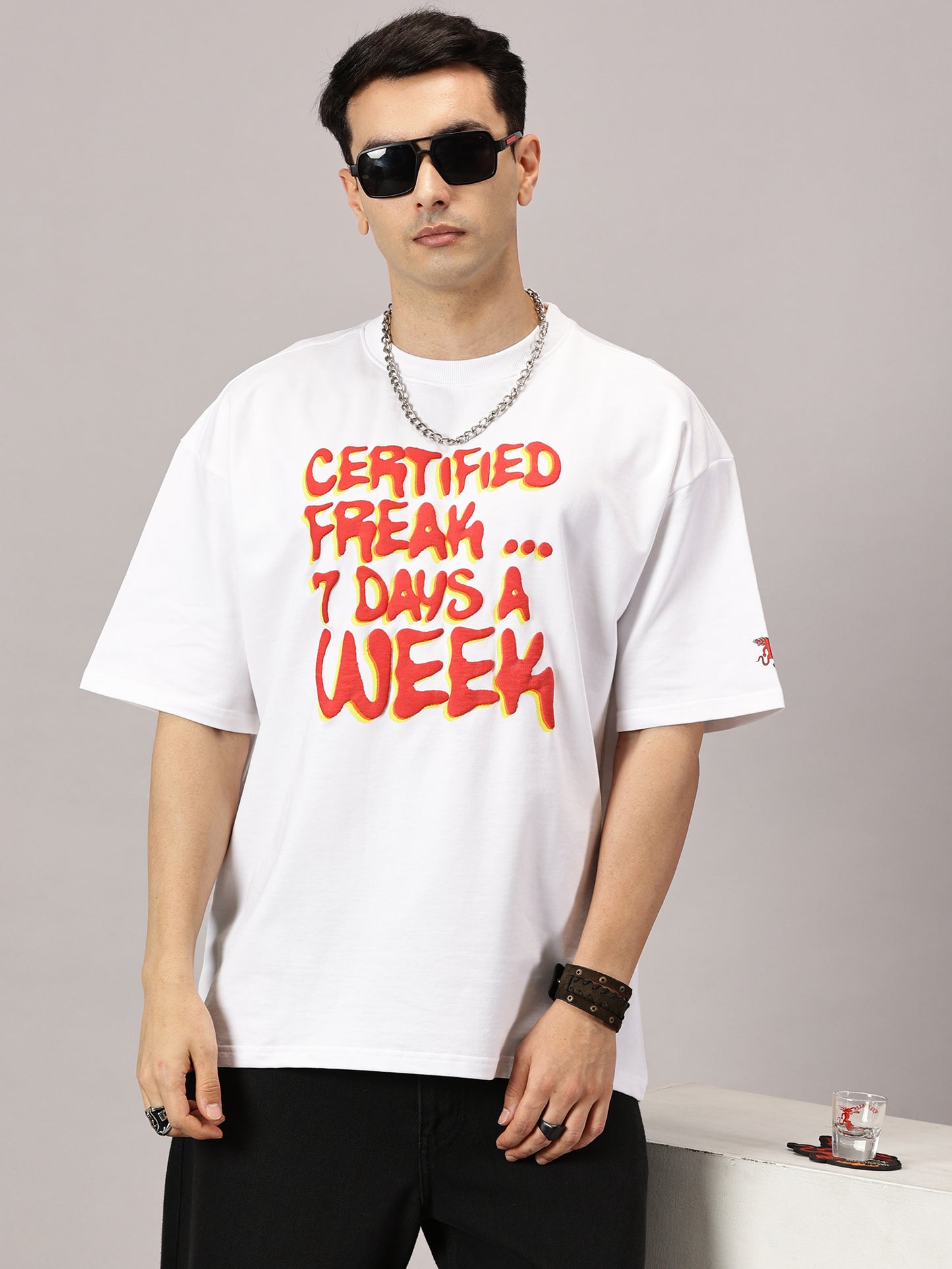 FB Certified Freak 3D Puff Print Oversized White T Shirt
