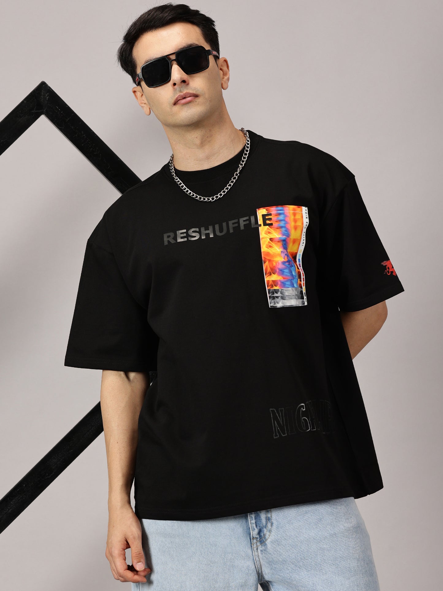 FB Reshuffle Night Life Oversized Black T Shirt