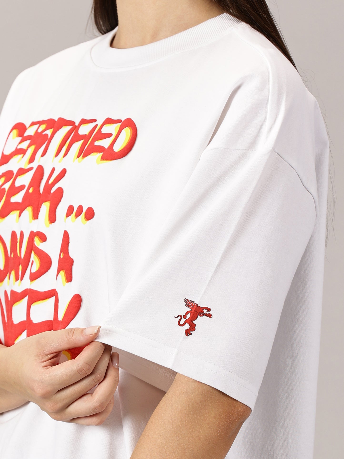 FB Certified Freak 3D Puff Print Oversized White T Shirt