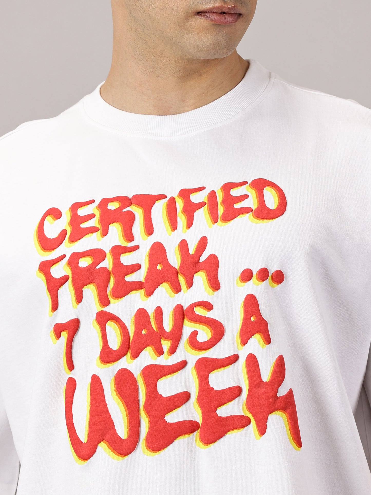 FB Certified Freak 3D Puff Print Oversized White T Shirt