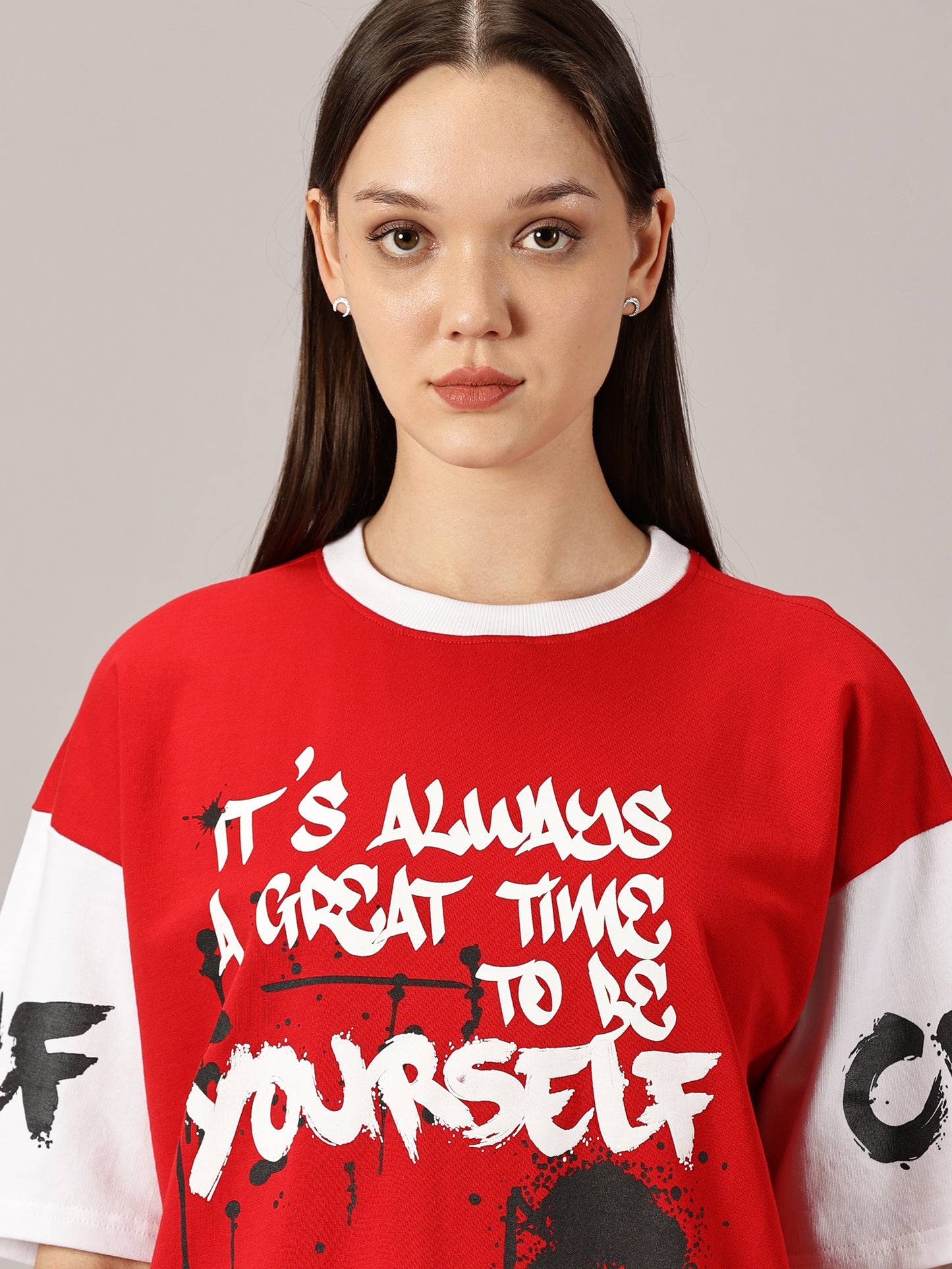 FB It's Always Great Time To Be Yourself 3D Puff Print Oversized Red T Shirt