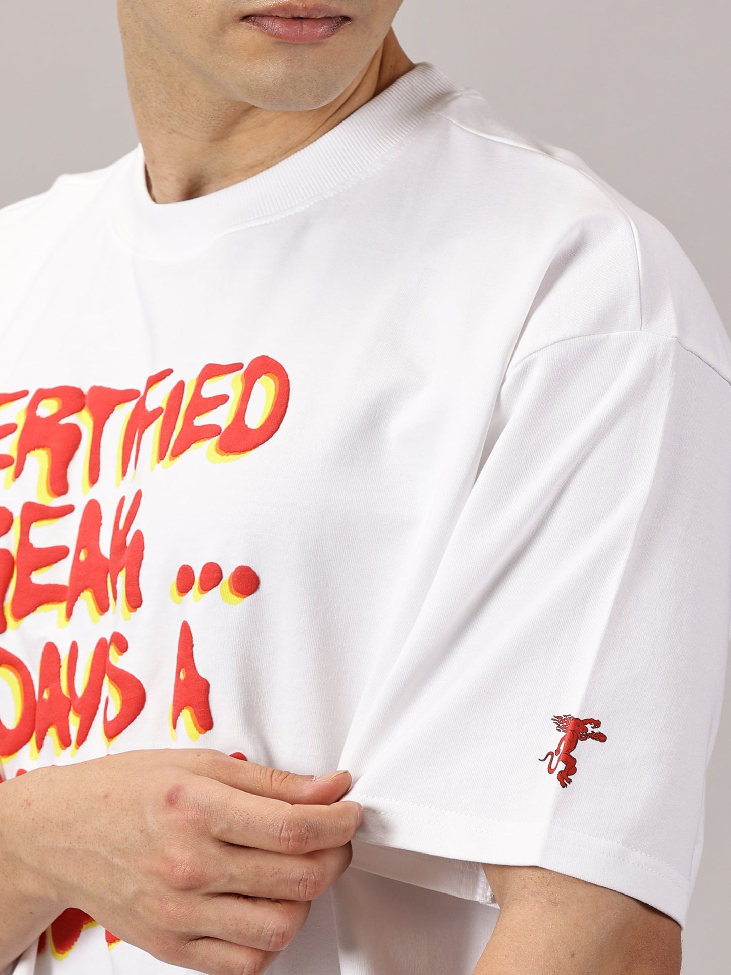 FB Certified Freak 3D Puff Print Oversized White T Shirt