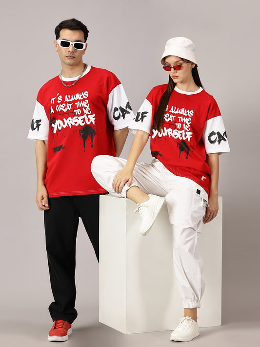 FB It's Always Great Time To Be Yourself  3D Puff Print Oversized Red T Shirt
