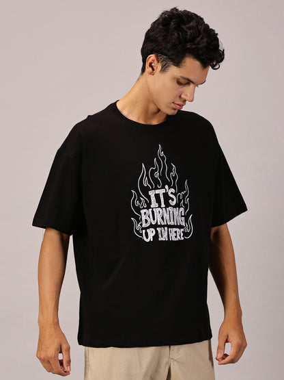 FB It's Burning Up In Here Embroidered Oversized Black T Shirt