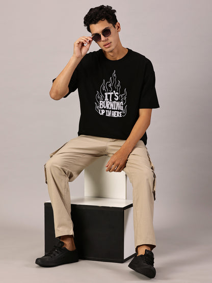 FB It's Burning Up In Here Embroidered Oversized Black T Shirt
