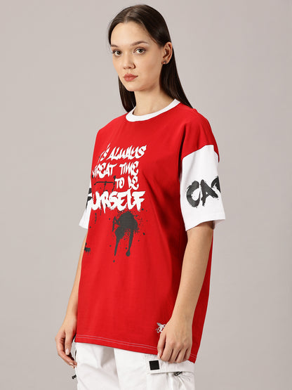 FB It's Always Great Time To Be Yourself  3D Puff Print Oversized Red T Shirt