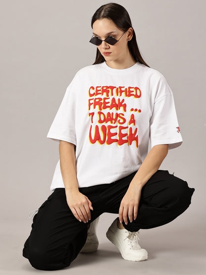 FB Certified Freak 3D Puff Print Oversized White T Shirt