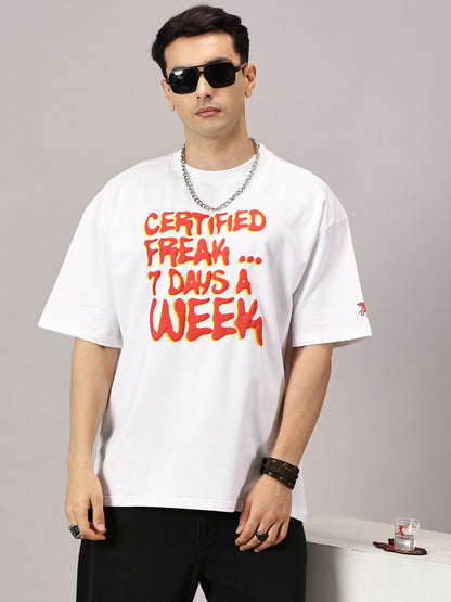 FB Certified Freak 3D Puff Print Oversized White T Shirt